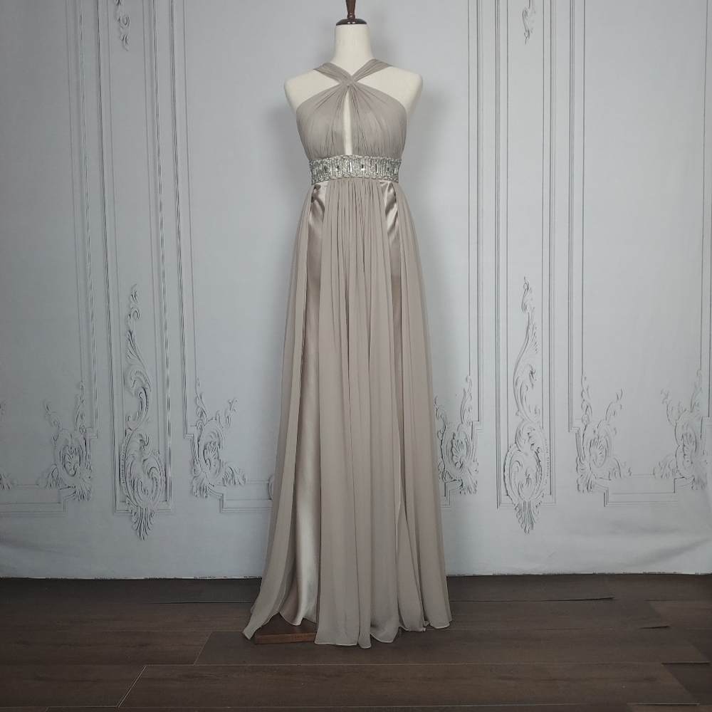 Marc Bouwer 100% Silk Champagne Grecian Beaded Maxi Dress Gown Sz 12